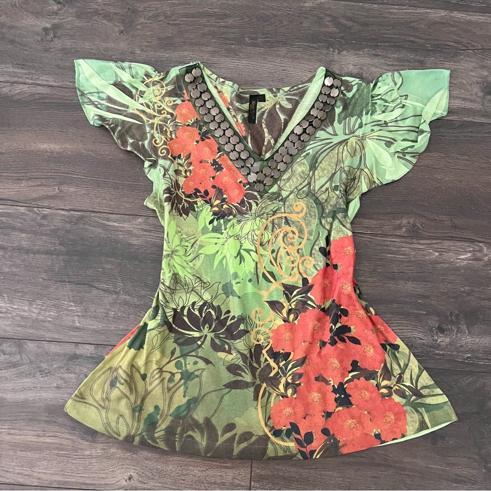 y2k olivia paige petite green floral blouse with metal detail